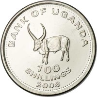 Uganda coin 100 Shillings - Magnetic (2007 - 2015) reverse reverse of 100 Shillings - Magnetic (2007 - 2015) coin with KM# 67a from Uganda. Inscription: BANK OF UGANDA 100 SHILLINGS 2008