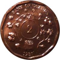 Uganda coin 2 Shillings (1987) reverse reverse of 2 Shillings (1987) coin with KM# 28 from Uganda. Inscription: BANK OF UGANDA 2 1987