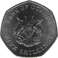 obverse of 5 Shillings (1987) coin with KM# 29 from Uganda. Inscription: · BANK OF UGANDA · FOR GOD AND MY COUNTRY FIVE SHILLINGS