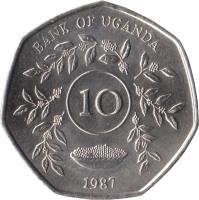 reverse of 10 Shillings (1987) coin with KM# 30 from Uganda. Inscription: BANK OF UGANDA 10 1987