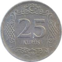 reverse of 25 Kuruş (2009 - 2015) coin with KM# 1242 from Turkey. Inscription: 25 KURUŞ 2009