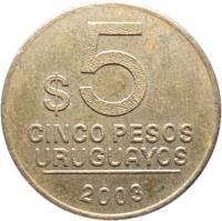 reverse of 5 Pesos Uruguayos (2003 - 2008) coin with KM# 120 from Uruguay. Inscription: $5 CINCO PESOS URUGUAYOS 2003