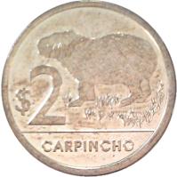 Uruguay coin 2 Pesos Uruguayos - Native fauna of Uruguay: Capypara (2011 - 2014) reverse reverse of 2 Pesos Uruguayos - Native fauna of Uruguay: Capypara (2011 - 2014) coin with KM# 136 from Uruguay. Inscription: $2 CARPINCHO