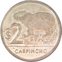 reverse of 2 Pesos Uruguayos - Native fauna of Uruguay: Capypara (2011 - 2014) coin with KM# 136 from Uruguay. Inscription: $2 CARPINCHO