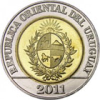 obverse of 10 Pesos Uruguayos - Native fauna of Uruguay: Cougar (2011 - 2014) coin with KM# 134 from Uruguay. Inscription: REPUBLICA ORIENTAL DEL URUGUAY 2011