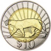 Uruguay coin 10 Pesos Uruguayos - Native fauna of Uruguay: Cougar (2011 - 2014) reverse reverse of 10 Pesos Uruguayos - Native fauna of Uruguay: Cougar (2011 - 2014) coin with KM# 134 from Uruguay. Inscription: $10