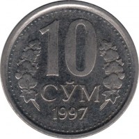 Uzbekistan coin 10 So'm (1997 - 2000) reverse reverse of 10 So'm (1997 - 2000) coin with KM# 10 from Uzbekistan. Inscription: 10 СЎМ 1997