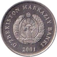obverse of 10 So'm (2001) coin with KM# 14 from Uzbekistan. Inscription: OʻZBEKISTON MARKAZIY BANKI 2001