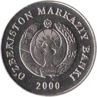 obverse of 1 So'm (2000) coin with KM# 12 from Uzbekistan. Inscription: OʻZBEKISTON MARKAZIY BANKI 2000