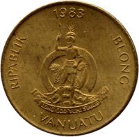 obverse of 2 Vatu (1983 - 2002) coin with KM# 4 from Vanuatu. Inscription: RIPABLIK BLONG VANUATU 1999 LONG GOD YUMI STANAP