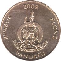 obverse of 5 Vatu (1983 - 2009) coin with KM# 5 from Vanuatu. Inscription: RIPABLIK BLONG VANUATU 1999 LONG GOD YUMI STANAP