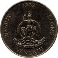 Vanuatu coin 20 Vatu - FAO (1983 - 2010) obverse obverse of 20 Vatu - FAO (1983 - 2010) coin with KM# 7 from Vanuatu. Inscription: 1995 RIPABLIK BLONG LONG GOD YUMI STANAP VANUATU