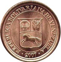 obverse of 5 Céntimos (2007 - 2009) coin with Y# 88 from Venezuela. Inscription: REPÚBLICA BOLIVIANA DE VENEZUELA 2007