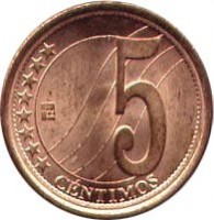 Venezuela coin 5 Céntimos (2007 - 2009) reverse reverse of 5 Céntimos (2007 - 2009) coin with Y# 88 from Venezuela. Inscription: 5 ******** CÉNTIMOS