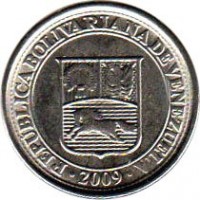 obverse of 10 Céntimos (2007 - 2012) coin with Y# 89 from Venezuela. Inscription: REPÚBLICA BOLIVARIANA DE VENEZUELA 2009