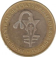 obverse of 500 Francs (2003 - 2010) coin with KM# 15 from Western Africa (BCEAO). Inscription: BANQUE CENTRALE DES ETATS DE L'AFRIQUE DE L'OUEST