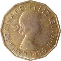 obverse of 3 Pence - Elizabeth II - Without BRITT:OMN; 1'st Portrait (1954 - 1970) coin with KM# 900 from United Kingdom. Inscription: + ELIZABETH · II · DEI · GRATIA · REGINA · F:D: