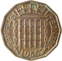 United Kingdom coin 3 Pence - Elizabeth II - Without BRITT:OMN; 1'st Portrait (1954 - 1970) reverse reverse of 3 Pence - Elizabeth II - Without BRITT:OMN; 1'st Portrait (1954 - 1970) coin with KM# 900 from United Kingdom. Inscription: W G THREE 1967 PENCE