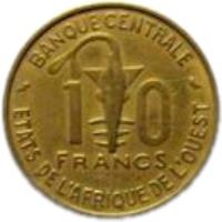 reverse of 10 Francs (1964 - 1981) coin with KM# 1a from Western Africa (BCEAO). Inscription: 10 FRANCS BANQUE CENTRALE ETATS DE L'AFRIQUE DE L'OUEST