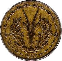 obverse of 5 Francs (1960) coin with KM# 2 from Western Africa (BCEAO). Inscription: 1960