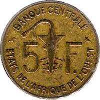 Western Africa (BCEAO) coin 5 Francs (1960) reverse reverse of 5 Francs (1960) coin with KM# 2 from Western Africa (BCEAO). Inscription: 5 F. BANQUE CENTRALE ETATS DE L'AFRIQUE DE L'OUEST