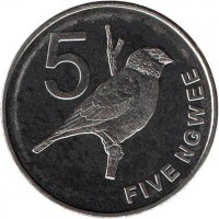 reverse of 5 Ngwee (2012 - 2014) coin with KM# 205 from Zambia. Inscription: 5 FIVE NGWEE