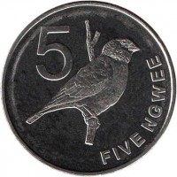 Zambia coin 5 Ngwee (2012 - 2014) reverse reverse of 5 Ngwee (2012 - 2014) coin with KM# 205 from Zambia. Inscription: 5 FIVE NGWEE