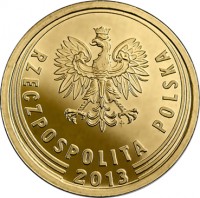 obverse of 5 Groszy (2013 - 2015) coin with Y# 925 from Poland. Inscription: RZECZPOSPOLITA POLSKA 2013