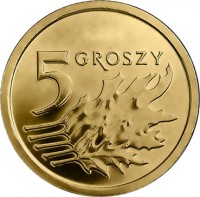 reverse of 5 Groszy (2013 - 2015) coin with Y# 925 from Poland. Inscription: 5 GROSZY