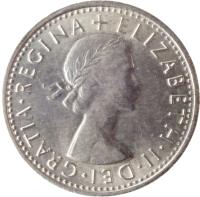 obverse of 6 Pence - Elizabeth II - Without BRITT:OMN; 1'st Portrait (1954 - 1970) coin with KM# 903 from United Kingdom. Inscription: ELIZABETH · II · DEI · GRATIA · REGINA +