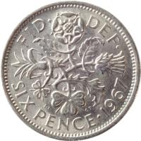 United Kingdom coin 6 Pence - Elizabeth II - Without BRITT:OMN; 1'st Portrait (1954 - 1970) reverse reverse of 6 Pence - Elizabeth II - Without BRITT:OMN; 1'st Portrait (1954 - 1970) coin with KM# 903 from United Kingdom. Inscription: FID · DEF · SIX PENCE · 1960 E.F C.T
