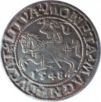 Lithuania coin 1/2 Grosz - Sigismund II August (1545 - 1569) obverse obverse of 1/2 Grosz - Sigismund II August (1545 - 1569) coin from Lithuania. Inscription: MONETA · MAGNI · DVCAT9 · LITVA · 1548