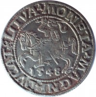 obverse of 1/2 Grosz - Sigismund II August (1545 - 1569) coin from Lithuania. Inscription: MONETA · MAGNI · DVCAT9 · LITVA · 1548