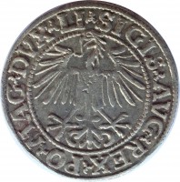 Lithuania coin 1/2 Grosz - Sigismund II August (1545 - 1569) reverse reverse of 1/2 Grosz - Sigismund II August (1545 - 1569) coin from Lithuania. Inscription: SIGIS · AVG · REX · PO · MAG · DVX · L ·
