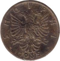 obverse of 1 Qindar Ar - Zog I (1935) coin with KM# 14 from Albania. Inscription: SHQIPNI · 1935 ·