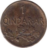 reverse of 1 Qindar Ar - Zog I (1935) coin with KM# 14 from Albania. Inscription: 1 QINDAR · AR R
