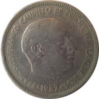 obverse of 5 Pesetas - Francisco Franco (1957) coin with KM# 786 from Spain. Inscription: FRANCISCO FRANCO CAUDILLO DE DE ESPAÑA POR LA G.DE DIOS 1957