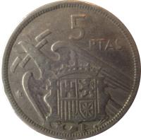 reverse of 5 Pesetas - Francisco Franco (1957) coin with KM# 786 from Spain. Inscription: 5 PTAS UNA GRANDE LIBRE 61