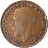 obverse of 1 Penny - George V (1911 - 1926) coin with KM# 810 from United Kingdom. Inscription: GEORGIVS V DEI GRA:BRITT:OMN:REX FID:DEF:IND:IMP: B.M.