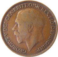 United Kingdom coin 1 Penny - George V (1911 - 1926) obverse obverse of 1 Penny - George V (1911 - 1926) coin with KM# 810 from United Kingdom. Inscription: GEORGIVS V DEI GRA:BRITT:OMN:REX FID:DEF:IND:IMP: B.M.