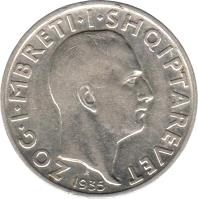 obverse of 2 Franga Ari - Zog I (1935) coin with KM# 17 from Albania. Inscription: ZOG · I · MBRETI · I · SHQIPTAREVET 1935 R