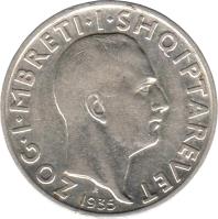 Albania coin 2 Franga Ari - Zog I (1935) obverse obverse of 2 Franga Ari - Zog I (1935) coin with KM# 17 from Albania. Inscription: ZOG · I · MBRETI · I · SHQIPTAREVET 1935 R