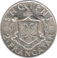 Albania coin 2 Franga Ari - Zog I (1935) reverse reverse of 2 Franga Ari - Zog I (1935) coin with KM# 17 from Albania. Inscription: · SHQIPNI · 2 · FRANGA · AR