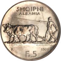 reverse of 5 Franga Ar - Zog I (1926 - 1927) coin with KM# 8 from Albania. Inscription: SHQIPNI ALBANIA A · MOTTO · INC · G · ROMAGNOLI R 1926 FR.5