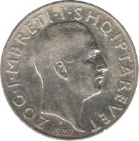 obverse of 2 Franga Ar - Zog I - 25th Anniversary of Independence (1937) coin with KM# 19 from Albania. Inscription: ZOG * I * MBRETI * I * SHQIPTAREVET *