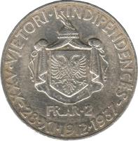 reverse of 2 Franga Ar - Zog I - 25th Anniversary of Independence (1937) coin with KM# 19 from Albania. Inscription: XXV * VJETORI * I * INDIPENDENCËS FR.AR*2 -28 * XI * 1912 * 1937-