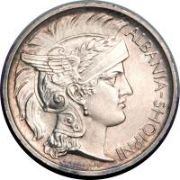 Albania coin 1 Frang Ar - William (1927 - 1928) obverse obverse of 1 Frang Ar - William (1927 - 1928) coin with KM# 6 from Albania. Inscription: ALBANIA-SHQIPNI G · ROMAGNOLI A · MOTTI · INC