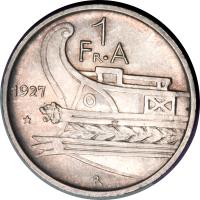 reverse of 1 Frang Ar - William (1927 - 1928) coin with KM# 6 from Albania. Inscription: 1 Fr.A 1927 R