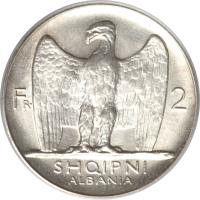 obverse of 2 Franga Ari - William (1926 - 1928) coin with KM# 7 from Albania. Inscription: Fr · 2 SHQIPNI ALBANIA