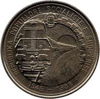 Albania coin 5 Lekë - Albanian Railroads (1988) obverse obverse of 5 Lekë - Albanian Railroads (1988) coin with KM# 61 from Albania. Inscription: REPUBLIKA POPULLORE SOCIALISTE E SHQIPËRISE · 1946 - 1988 ·